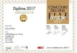 Médaille d’or – Concours des vins Elle à table 2017